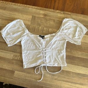 Forever21- White Cropped Off Shoulder Puff Sleeve with lace up in front Sz M